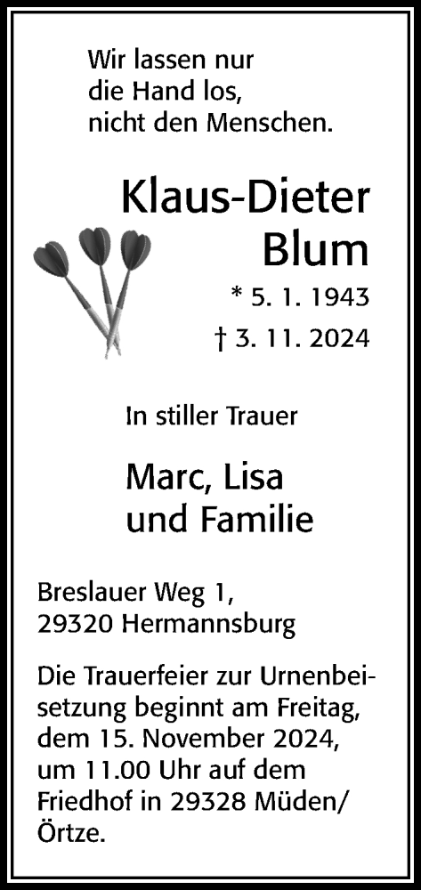 Traueranzeige von Klaus-Dieter Blum von Cellesche Zeitung