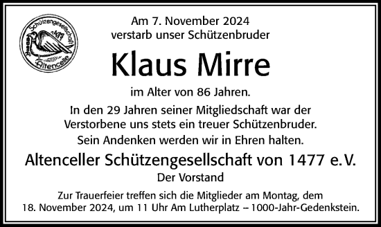 Traueranzeige von Klaus Mirre von Cellesche Zeitung