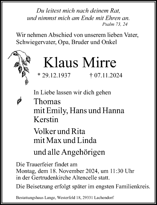 Traueranzeige von Klaus Mirre von Cellesche Zeitung