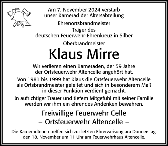 Traueranzeige von Klaus Mirre von Cellesche Zeitung