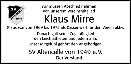 Traueranzeige von Klaus Mirre von Cellesche Zeitung