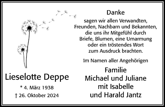 Traueranzeige von Lieselotte Deppe von Cellesche Zeitung