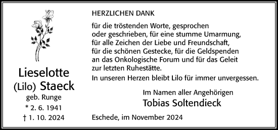 Traueranzeige von Lieselotte Staeck von Cellesche Zeitung