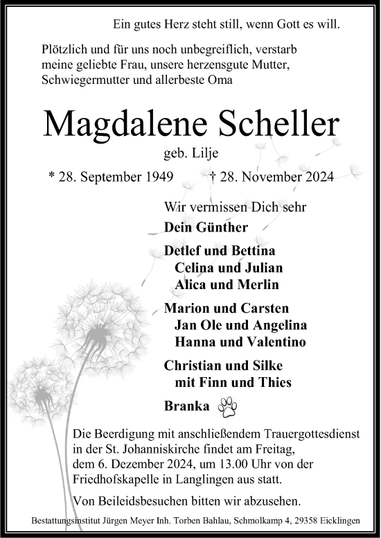 Traueranzeige von Magdalene Scheller von Cellesche Zeitung