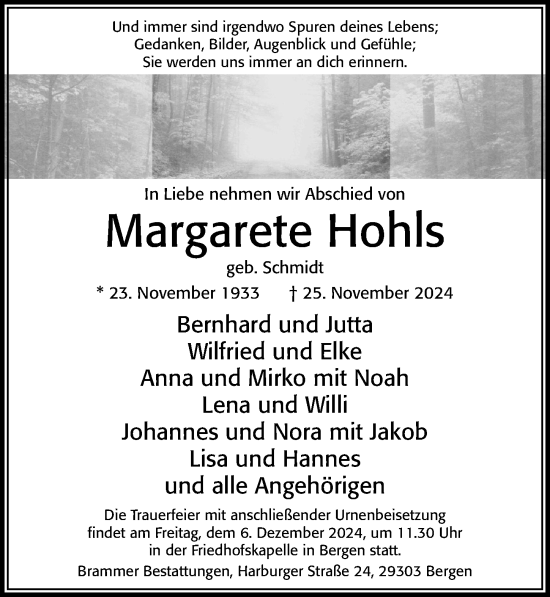 Traueranzeige von Margarete Hohls von Cellesche Zeitung