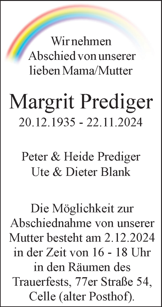 Traueranzeige von Margrit Prediger von Cellesche Zeitung