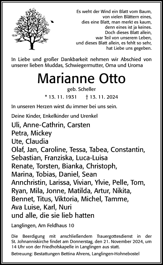 Traueranzeige von Marianne Otto von Cellesche Zeitung