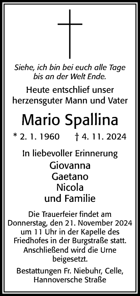 Traueranzeige von Mario Spallina von Cellesche Zeitung