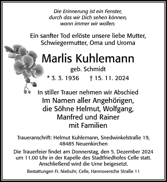 Traueranzeige von Marlis Kuhlemann von Cellesche Zeitung