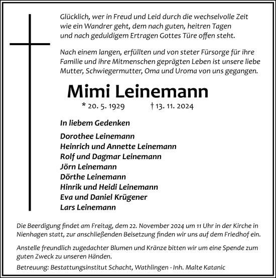 Traueranzeige von Mimi Leinemann von Cellesche Zeitung