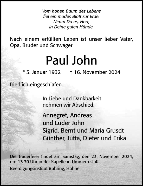 Traueranzeige von Paul John von Cellesche Zeitung