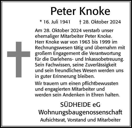 Traueranzeige von Peter Knoke von Cellesche Zeitung