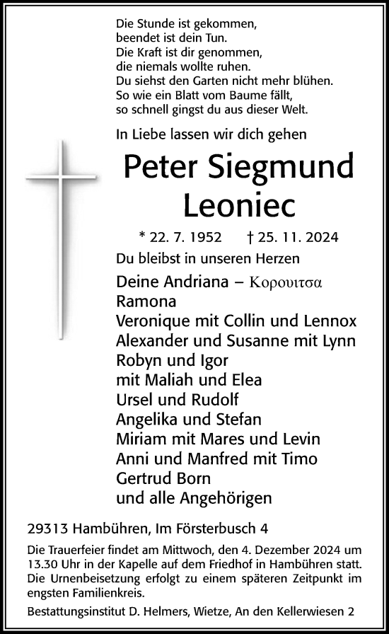 Traueranzeige von Peter Siegmund Leoniec von Cellesche Zeitung