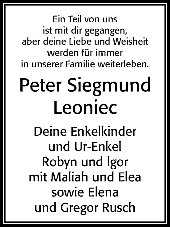 Traueranzeige von Peter Siegmund Leoniec von Cellesche Zeitung