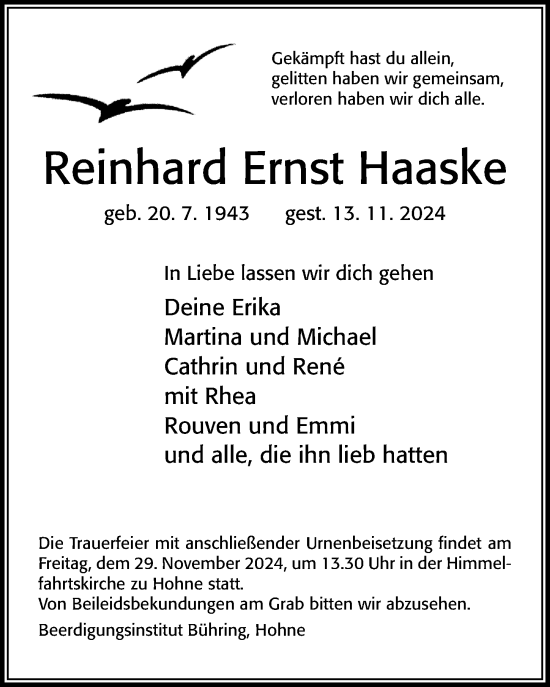 Traueranzeige von Reinhard Ernst Haaske von Cellesche Zeitung