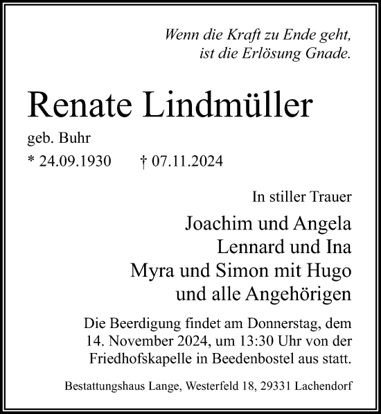 Traueranzeige von Renate Lindmüller von Cellesche Zeitung