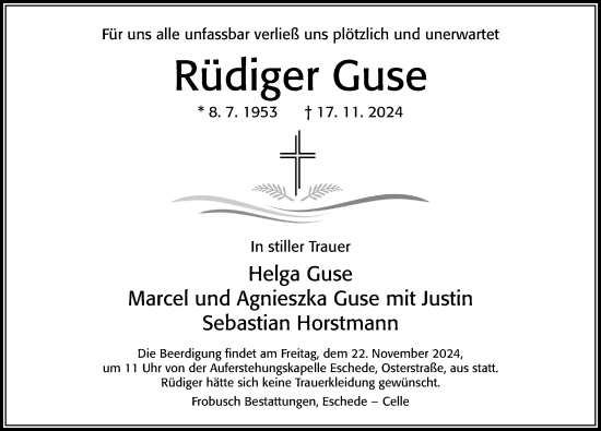 Traueranzeige von Rüdiger Guse von Cellesche Zeitung