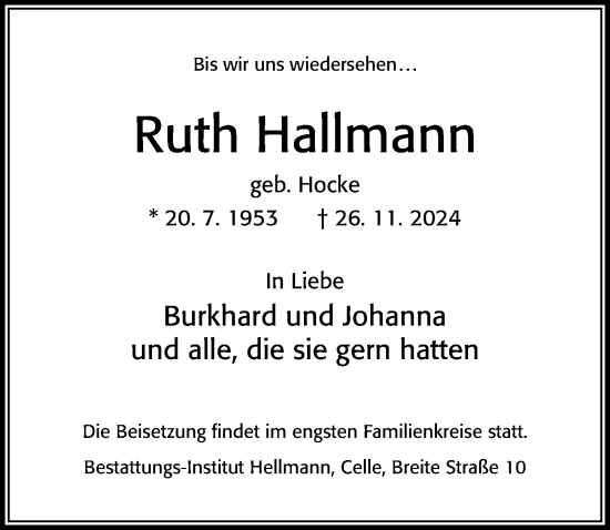 Traueranzeige von Ruth Hallmann von Cellesche Zeitung