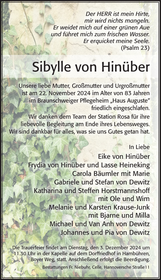 Traueranzeige von Sibylle von Hinüber von Cellesche Zeitung