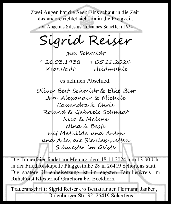 Traueranzeige von Sigrid Reiser von Cellesche Zeitung