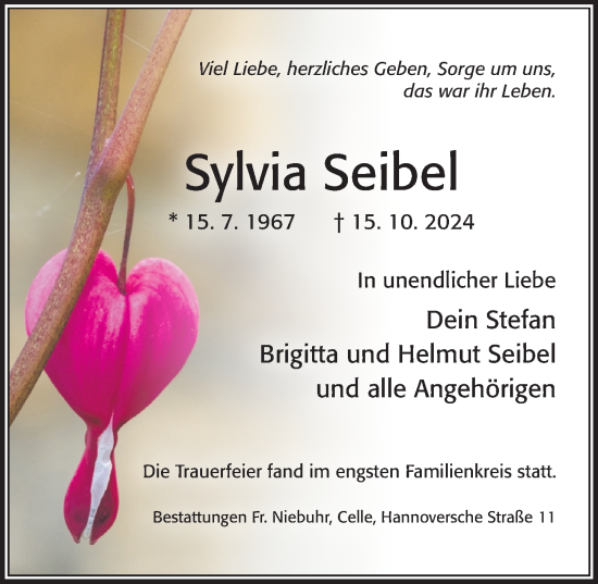 Traueranzeige von Sylvia Seibel von Cellesche Zeitung