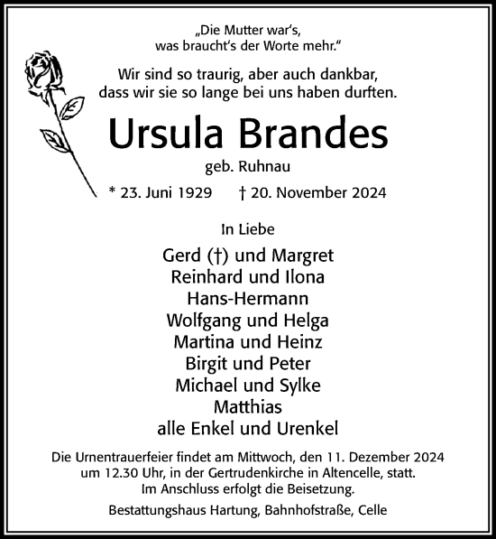 Traueranzeige von Ursula Brandes von Cellesche Zeitung