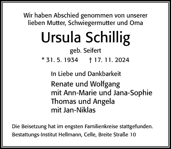 Traueranzeige von Ursula Schillig von Cellesche Zeitung