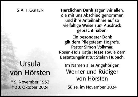 Traueranzeige von Ursula von Hörsten von Cellesche Zeitung