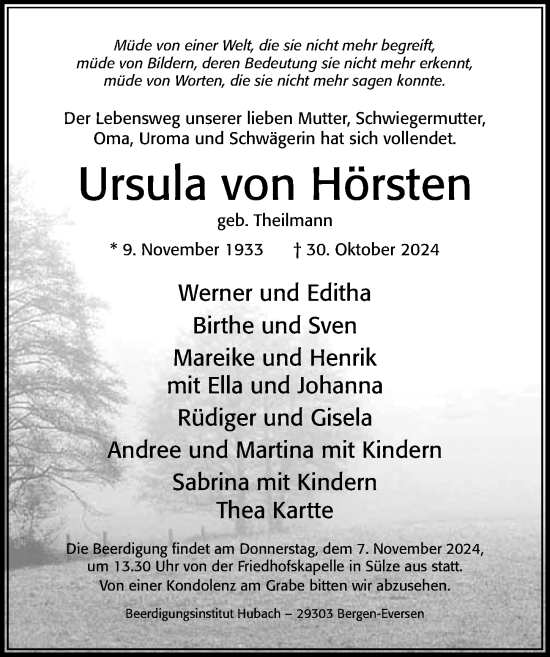 Traueranzeige von Ursula von Hörsten von Cellesche Zeitung