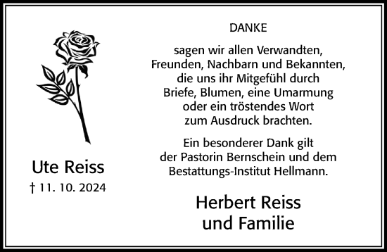 Traueranzeige von Ute Reiss von Cellesche Zeitung