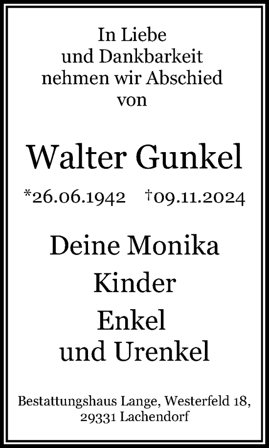 Traueranzeige von Walter Gunkel von Cellesche Zeitung