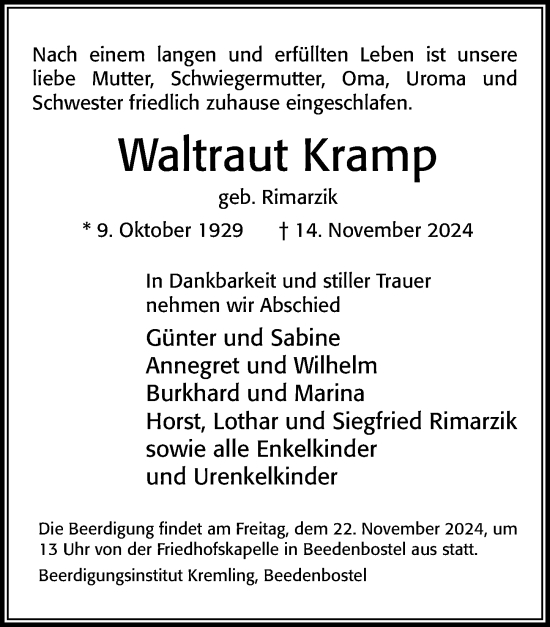 Traueranzeige von Waltraut Kramp von Cellesche Zeitung