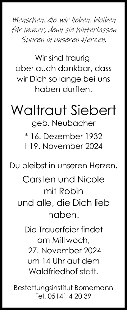 Traueranzeige von Waltraut Siebert von Cellesche Zeitung