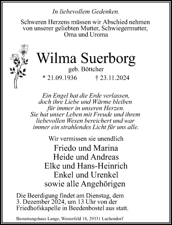 Traueranzeige von Wilma Suerborg von Cellesche Zeitung