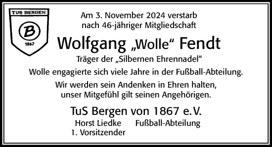 Traueranzeige von Wolfgang Fendt von Cellesche Zeitung
