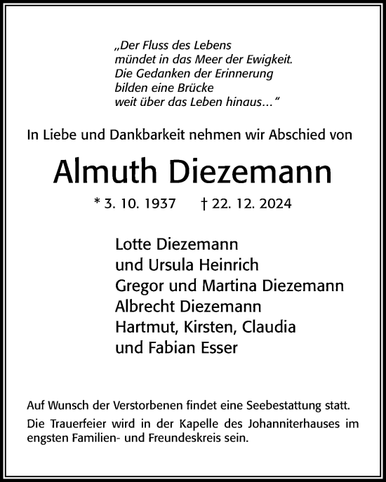 Traueranzeige von Almuth Diezemann von Cellesche Zeitung