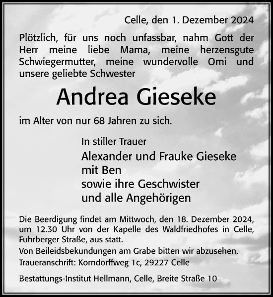 Traueranzeige von Andrea Gieseke von Cellesche Zeitung