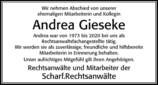 Traueranzeige von Andrea Gieseke von Cellesche Zeitung