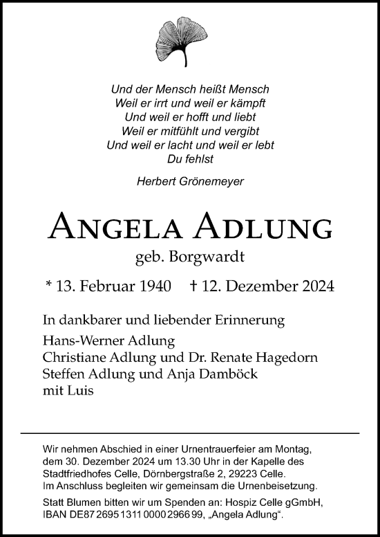 Traueranzeige von Angela Adlung von Cellesche Zeitung