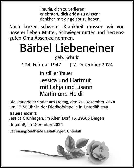 Traueranzeige von Bärbel Liebeneiner von Cellesche Zeitung