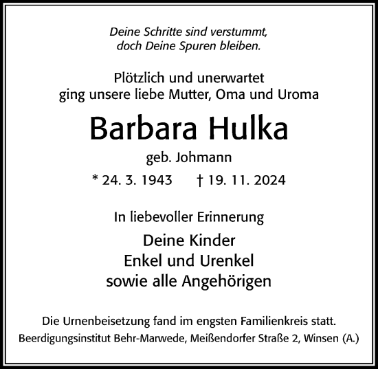 Traueranzeige von Barbara Hulka von Cellesche Zeitung