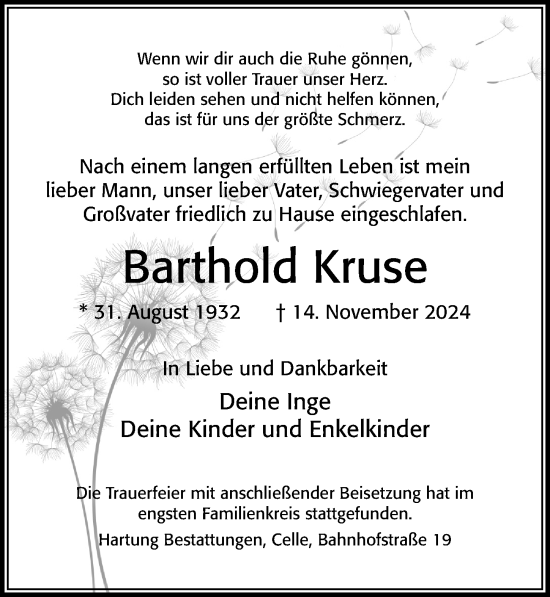 Traueranzeige von Barthold Kruse von Cellesche Zeitung