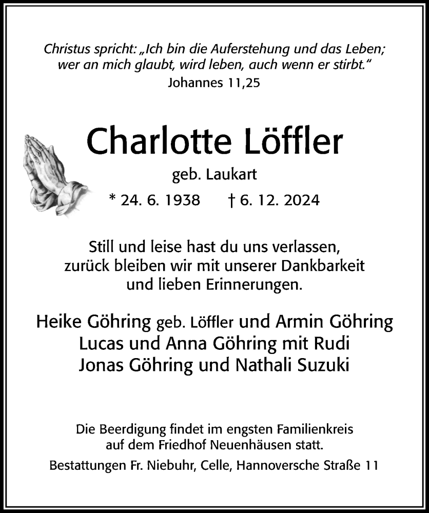  Traueranzeige für Charlotte Löffler vom 14.12.2024 aus Cellesche Zeitung