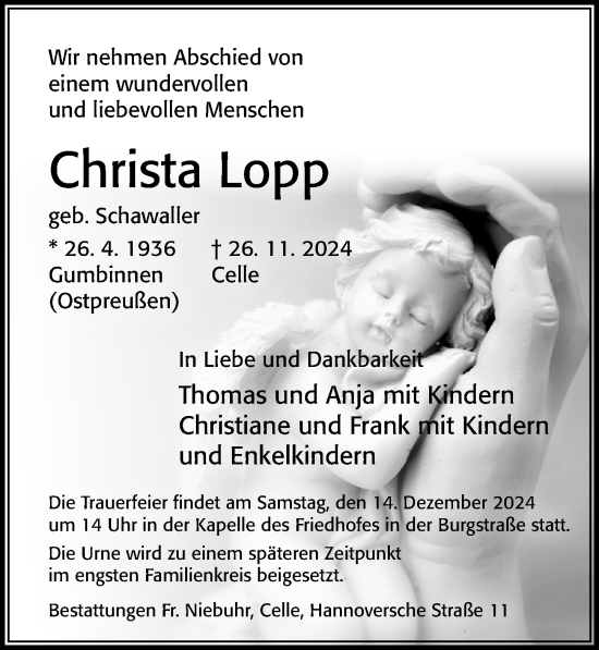 Traueranzeige von Christa Lopp von Cellesche Zeitung