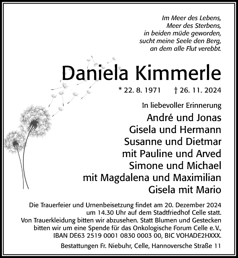  Traueranzeige für Daniela Kimmerle vom 07.12.2024 aus Cellesche Zeitung