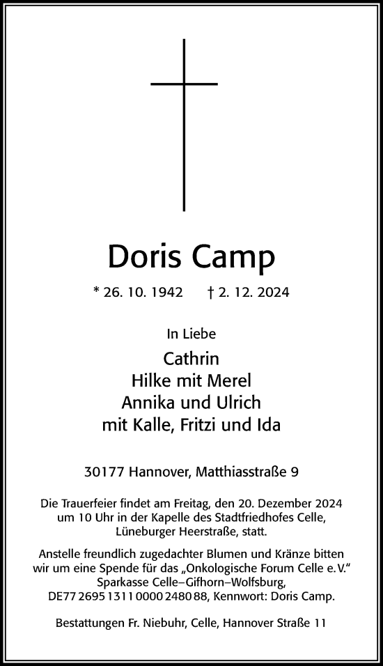 Traueranzeige von Doris Camp von Cellesche Zeitung