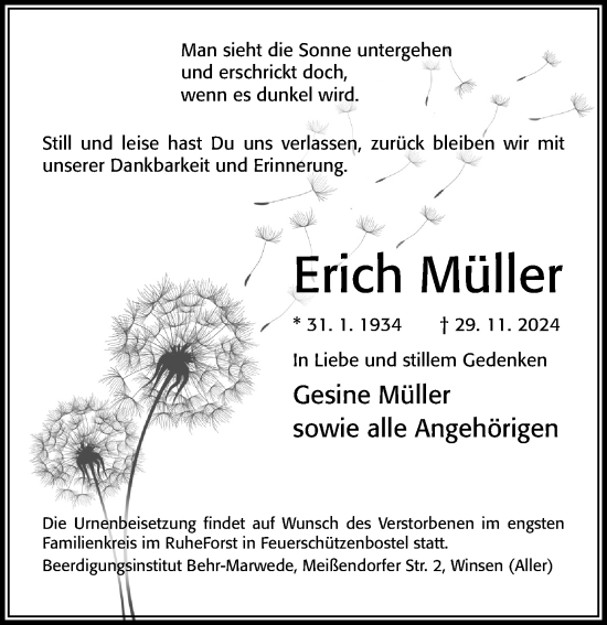 Traueranzeige von Erich Müller von Cellesche Zeitung