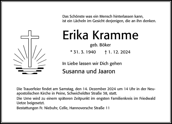 Traueranzeige von Erika Kramme von Cellesche Zeitung