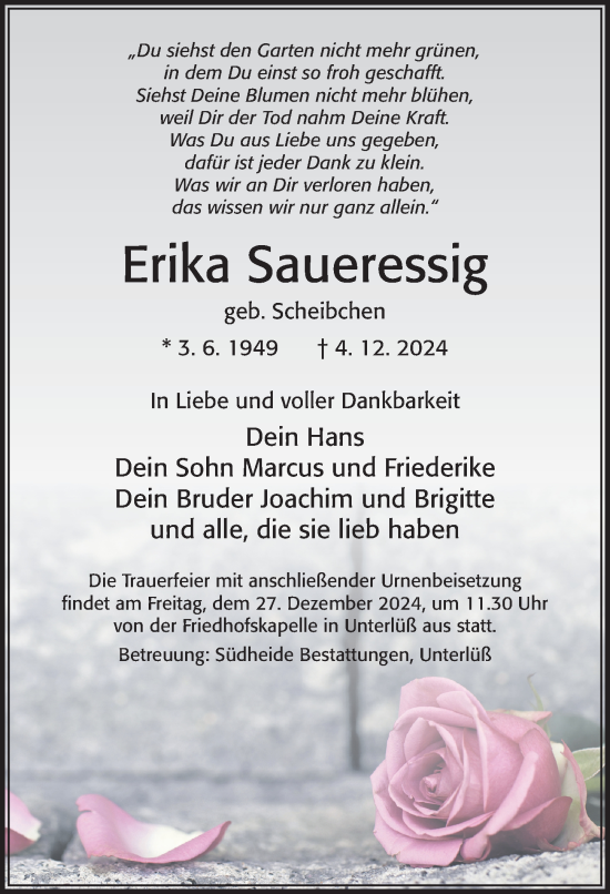 Traueranzeige von Erika Saueressig von Cellesche Zeitung