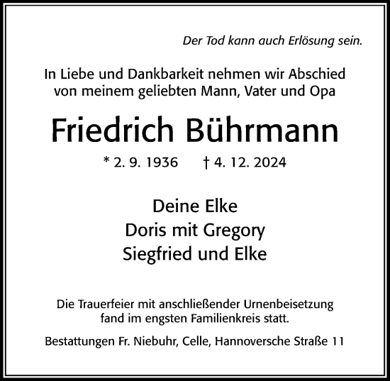 Traueranzeige von Friedrich Bührmann von Cellesche Zeitung